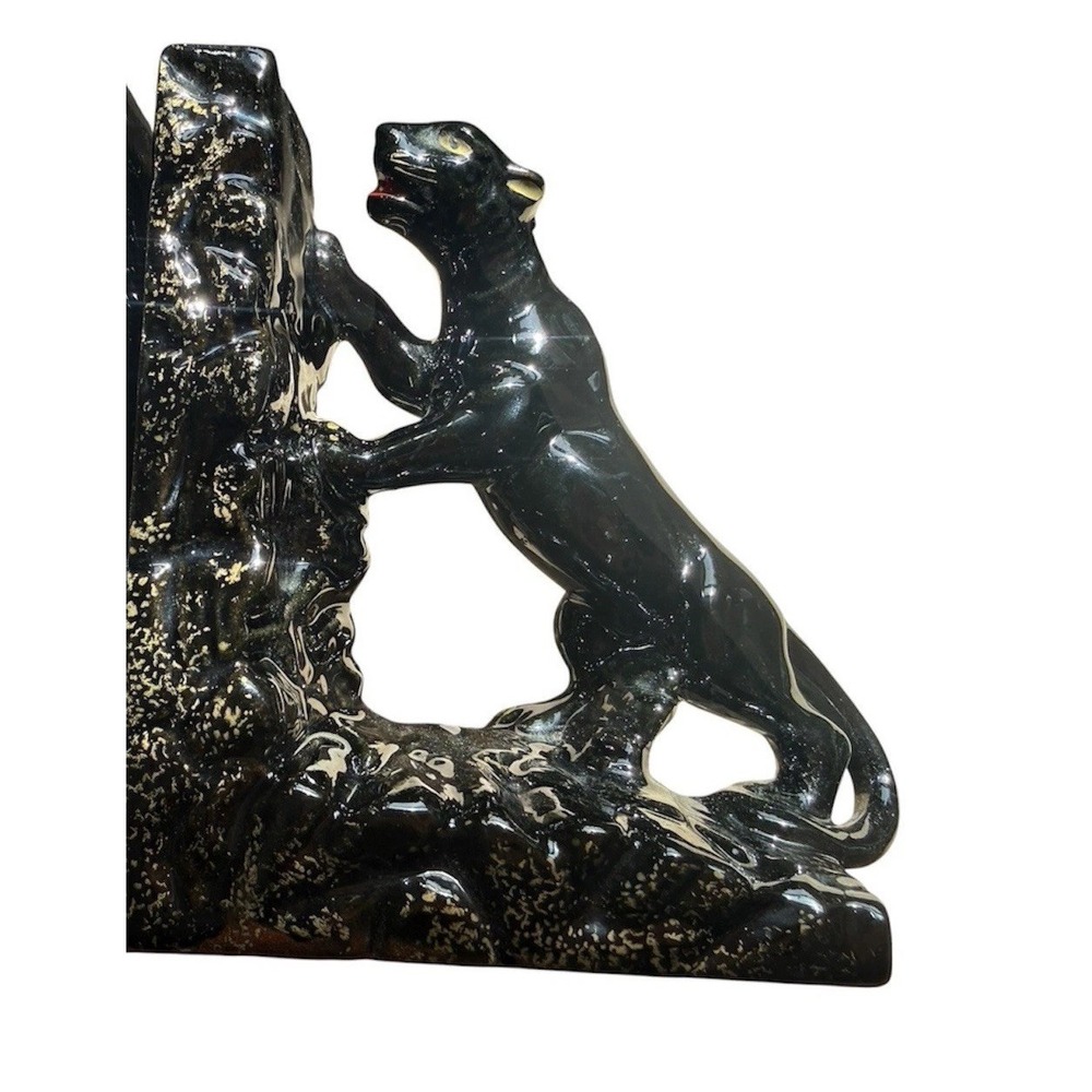 One Mid-Century/Hollywood Regency Black Panther w Gold Bookend, Glazed Redware - Picture 3 of 7